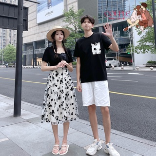 【COUPLE】❤❤情侶裝一衣一裙夏季拼色氣質女短袖長款連衣裙休閒男T恤衫