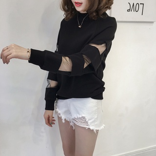 【🎈棉花糖大尺碼】XL-4XL 大尺碼上衣女 套頭衛衣女學生韓版網紗鏤空拼接休閑長袖8133