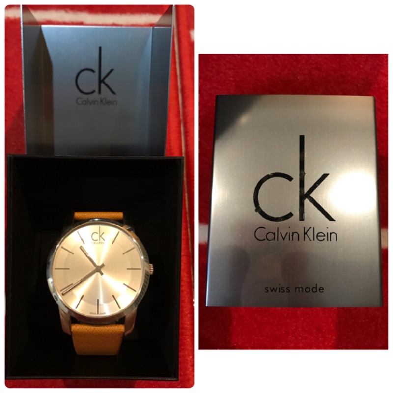 二手Calvin Klein  CK瑞士製🇨🇭男款典雅真皮橘錶帶貝殼錶面手錶