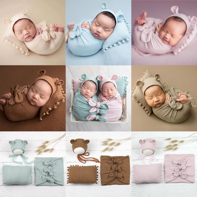🎀CYMMHCM新生兒攝影造型服裝 嬰兒拍照耳朵帽子裹袋枕頭三件套 影樓道具 可愛寶寶照相寫真衣服套裝 寶貝成長紀念禮物