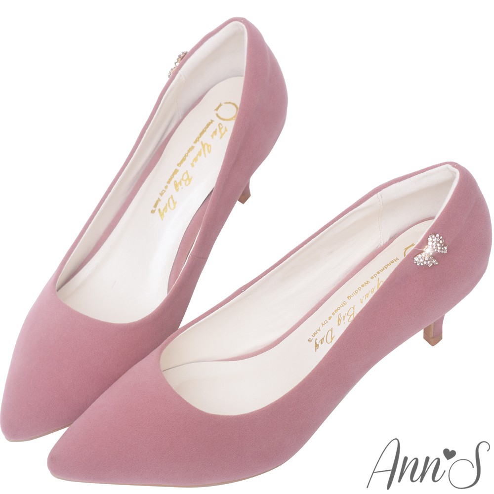 Ann’S完美氣質-小蝴蝶結鑽扣尖頭低跟鞋-粉