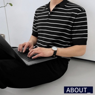 【ABOUT_歐巴】簡約條紋翻領短袖Polo衫 韓 短袖上衣 輕熟 上班 夏季 男