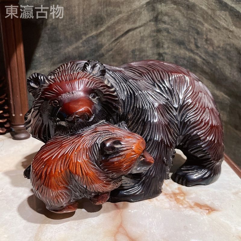 【東瀛古物】北海道木雕親子熊 熊公仔 花園裝飾擺件