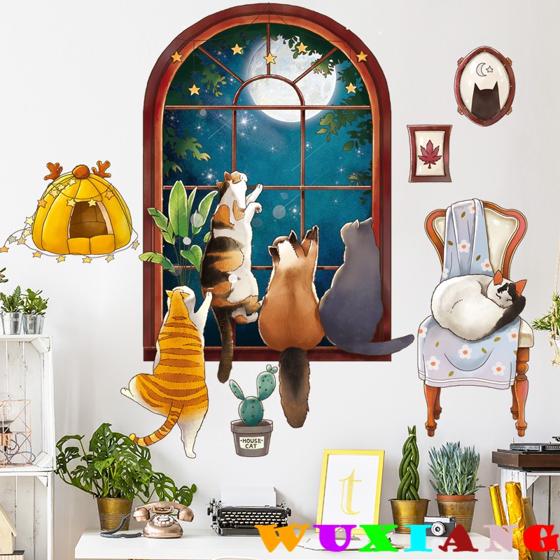 五象設計 牆貼 可愛卡通貓咪 夜空窗 背景 兒童房間 自粘 臥室 牆壁紙 手繪 個性創意