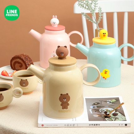 LINE FRIENDS 正版授權 花茶壺 茶壺組 咖啡壺 矽膠公仔杯蓋 冷水壺 咖啡壺 茶杯 咖啡杯