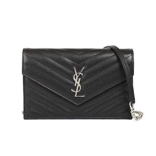 YSL 經典金屬LOGO魚子醬牛皮斜紋縫線銀鍊WOC小型斜背包(黑)