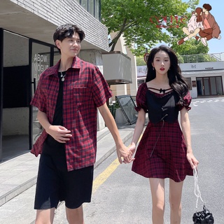 【COUPLE】2022夏季💖💖新品情侶裝格子氣質女V領女連衣裙男紅格子