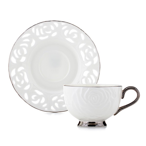 【Royal Duke】骨瓷咖啡對杯-典藏玫瑰(銀)  咖啡杯 花茶杯  咖啡對杯 馬克杯 杯子 杯盤組