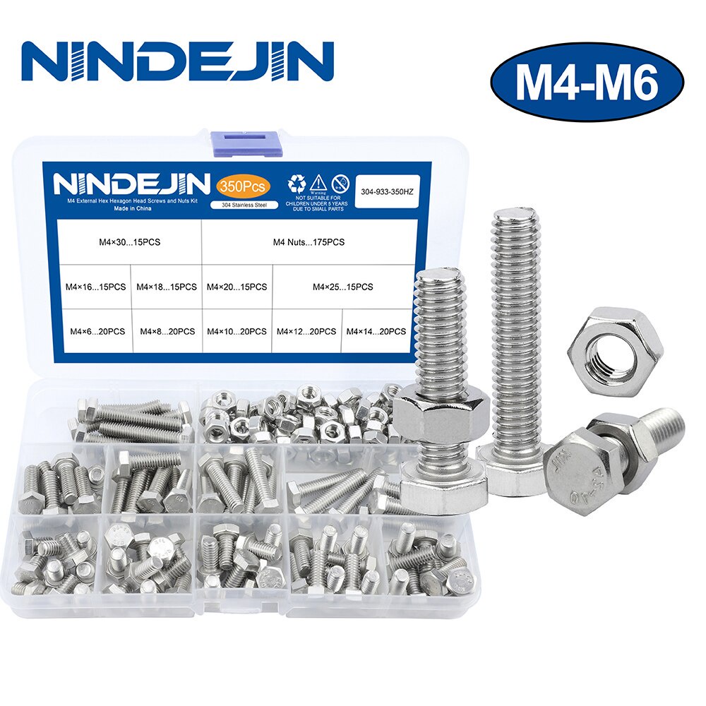 NINDEJIN 304不鏽鋼外六角螺絲外六角螺栓M4/M5/M6標準件緊固件螺釘配有六角螺栓和螺母套件