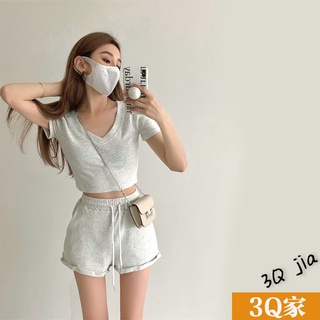 韓版夏天V領修身顯瘦套裝 短袖上衣 女生短褲 兩件式套裝 時尚套裝 女裝套裝 運動套裝 短袖套裝女 ins套裝 夏天套裝
