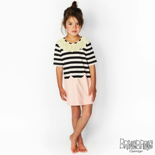 丹麥 BANGBANG 黑白條紋粉紅短袖洋裝｜110/116cm