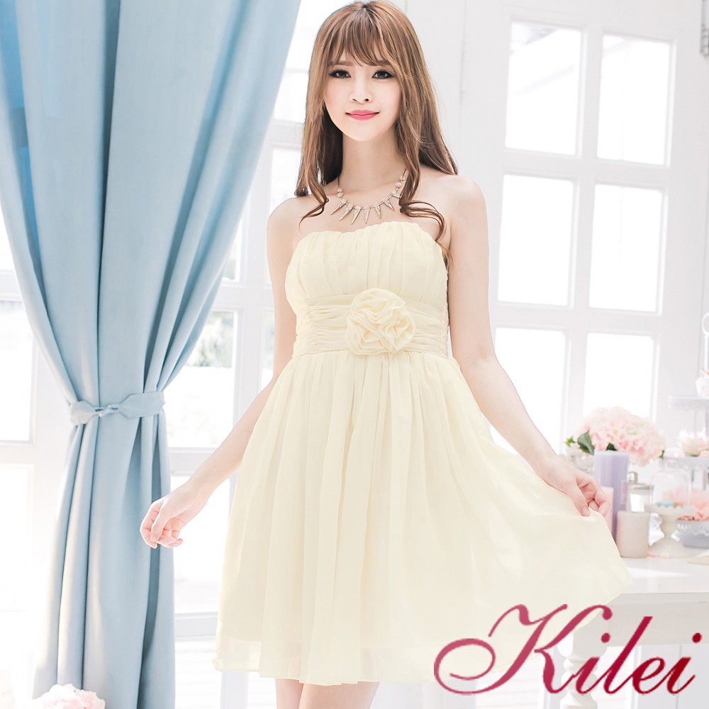 【Kilei】女裝 伴娘禮服 伴娘服 雪紡洋裝 小洋裝 雪紡桃心領飾花朵小禮服洋裝XA2031-01(沁涼杏)小尺碼