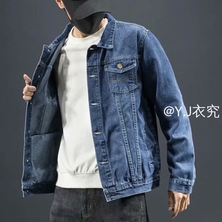 牛仔外套男 春季爆款氣質韓版翻領緊身新款 原宿藝文加大尺碼牛仔夾克流行男 日系青年潮流 男士衣著 現貨免運