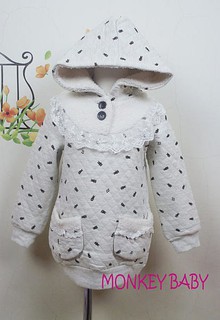 【MONKEY BABY 】可愛圖案菱格厚棉連帽長版上衣/女童上衣