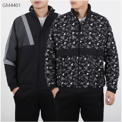 Adidas 愛迪達 外套 雙面穿 男款 黑灰拼接  滿印 圖案GM4401 休閒外套 立領梭織