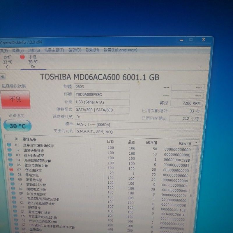 出售Toshiba 6t硬碟 有紅燈警告 使用時數212