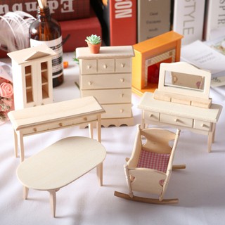 🚀臺灣出貨【小陶器手作素材】Dollhouse娃娃屋迷你實木家具搖籃嬰兒床餐桌櫥小布娃娃屋BJD玩具