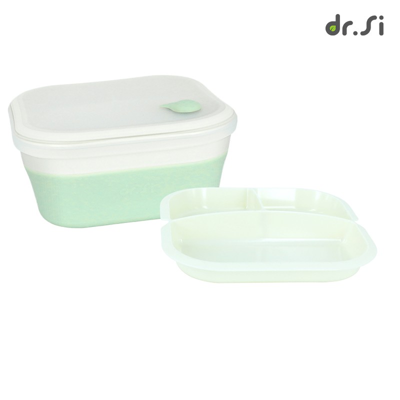 【dr.Si 矽寶巧】飽飽盒-含菜盤-艾綠 低功率微波 折疊餐盒