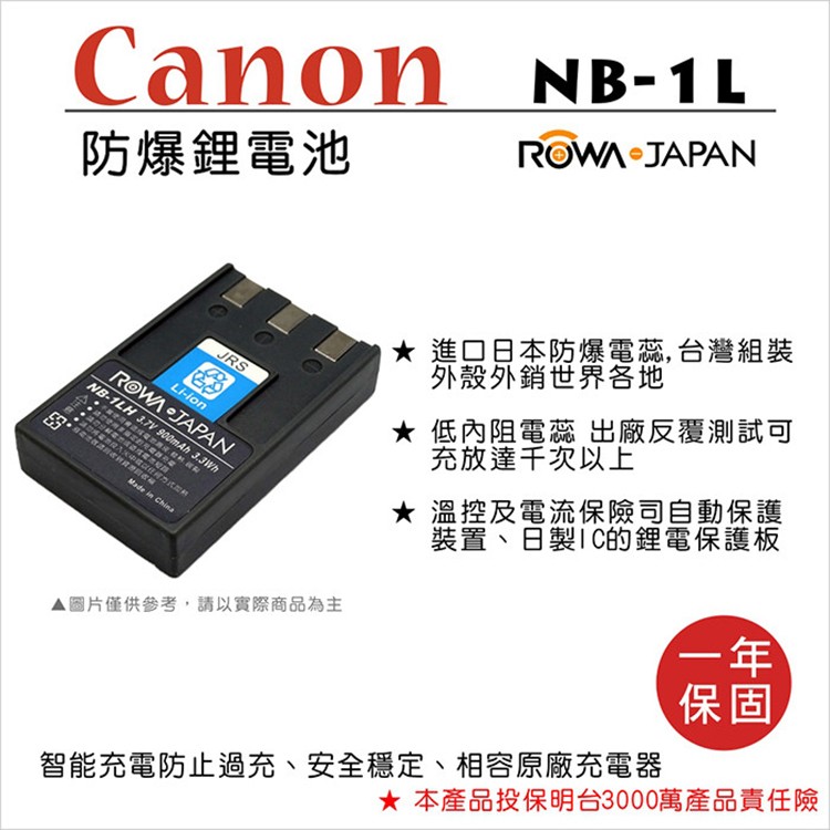 幸運草@樂華 FOR Canon NB-1L 相機電池 鋰電池 防爆 原廠充電器可充 保固一年