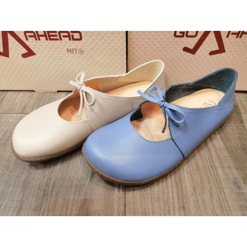 《免運》 米色/粉藍色 台灣製寬頭手工真皮平底鞋 娃娃鞋 包鞋 超商取貨免運