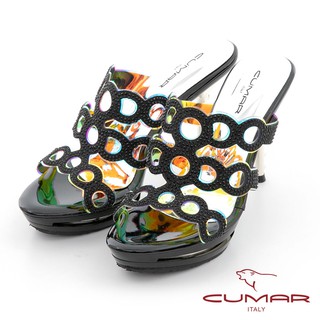【CUMAR】雷射鏤空排鑽防水台高跟涼拖鞋 - 黑色