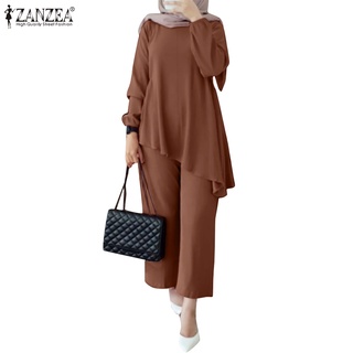 Zanzea 女士穆斯林純色套裝日常休閒泡泡袖不規則上衣鬆緊腰闊腿褲