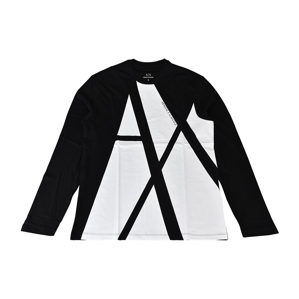 A│X Armani Exchange黑白對比字母LOGO純棉圓領長袖T恤(S/黑x白)