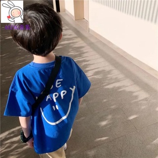 ABING童裝 女童短袖兒童衣服童裝正韓童裝男女童韓版寬鬆純棉藍色T恤字母笑臉短袖兒童兒童上衣夏裝