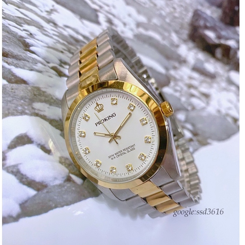 經緯度鐘錶PROKING皇冠鑽錶 日本機芯台灣品牌 品質優/金+銀雙色帶/強化玻璃/夜光錶/大小錶徑2035白面雙色鑽