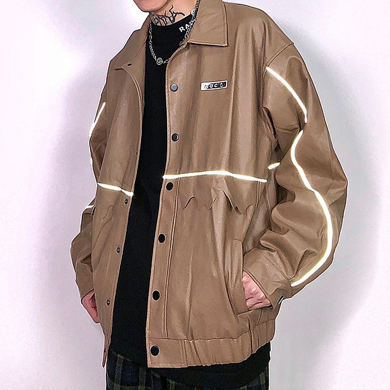 【K-2】反光 拼接 皮外套 皮衣 皮格教練外套 街頭 穿搭 韓國 落肩 寬鬆 外套