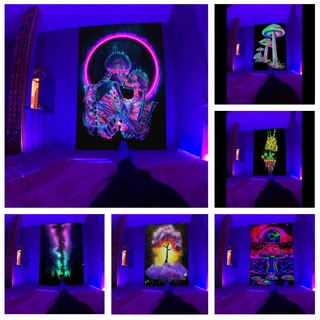 上新 熱賣UV灯螢光掛毯骷髏蘑菇迷幻黑夜光掛毯宿舍客廳藝術裝飾掛布可機洗 #11