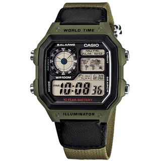 CASIO / 卡西歐 軍事風 防水 電子液晶 帆布手錶 黑x軍綠色 / AE-1200WHB-3B / 40mm
