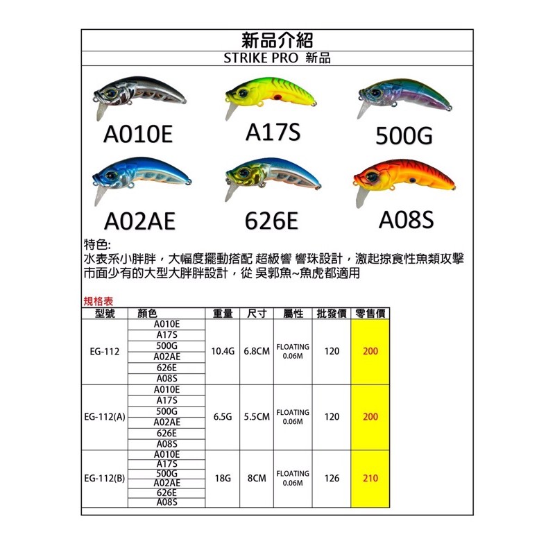 Strike Pro 水面系搖擺胖胖 Vobler Hunchback EG-112（A)假餌 路亞 小胖子 路亞 釣魚