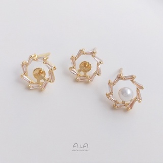 宏雲Hongyun-Ala-14K鍍金鑲鋯石保色半孔珍珠托花環耳釘925銀針手工diy耳飾品配件