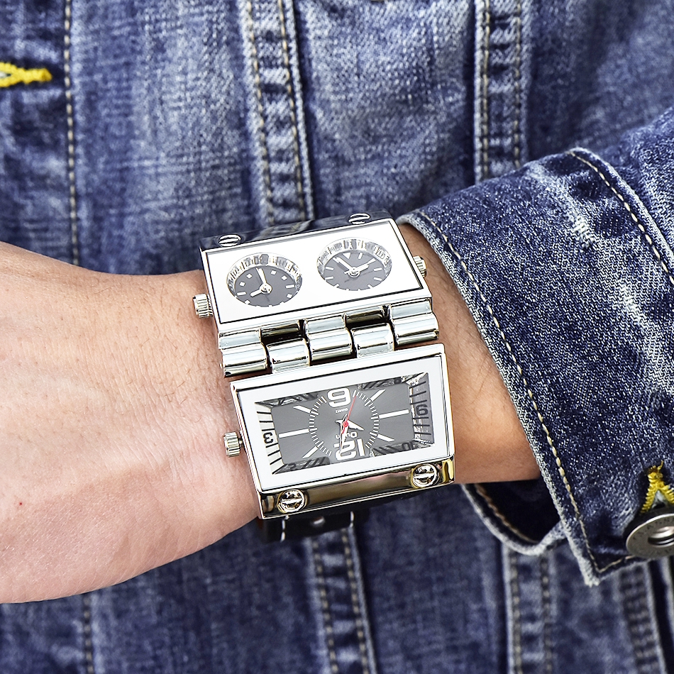 新款男士雙顯示運動手錶 Oulm 男士手錶大尺寸時尚戶外時鐘皮革石英手錶