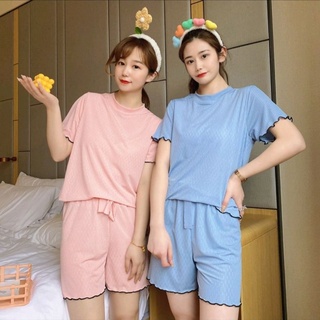 Lucky clover🍀韓版冰絲涼感木耳邊短袖上衣+短褲休閒居家服兩件套裝組