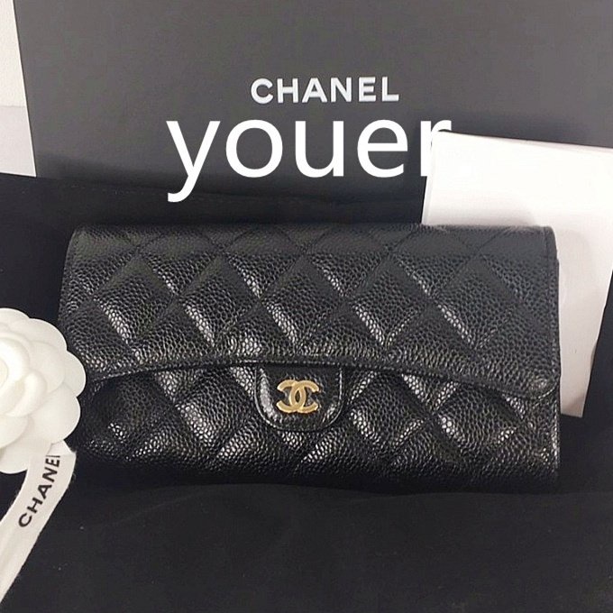 二手正品CHANEL A80758 黑色 荔枝皮 金雙C 12卡 零錢袋 釦式 發財包 長夾