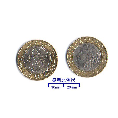 【超值硬幣】義大利 1997 年 1000LIRA 里拉 雙色幣一枚，錯版地圖，少見~