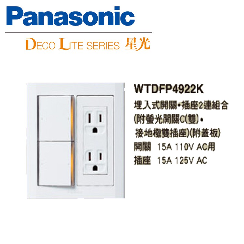 《綠能生活》附發票 Panasonic 國際牌 星光系列 WTDFP4922K 螢光雙切開關+接地極雙插座 附蓋版 白色