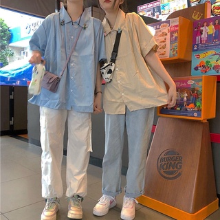 日系學院風少女趣味送胸針寬鬆BF風夏季基礎純色短袖襯衫學生襯衣