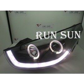 ●○RUN SUN 車燈,車材○● 全新 現代 10 11 12 13 IX35 薰黑光圈魚眼 仿R8 DRL 大燈