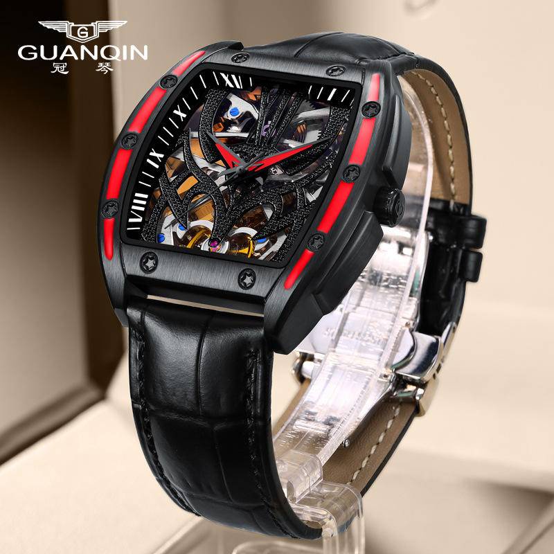 【飾碧得】GUANQIN/冠琴新款瑞士自動機械錶鏤空飛輪防水夜光方形男手錶