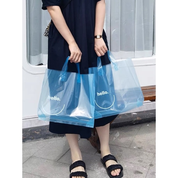 💕台灣現貨💕藍色 透明 微笑 塑膠手提袋 手提塑膠袋 手提袋 購物袋 包裝材料 童裝袋 女裝袋 包材 塑膠袋