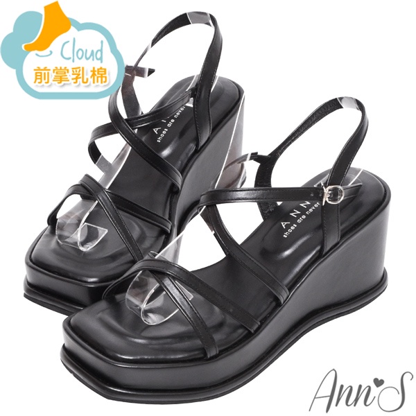 Ann’S美圖厚底系列-雙交叉方頭涼鞋-7.5cm-黑
