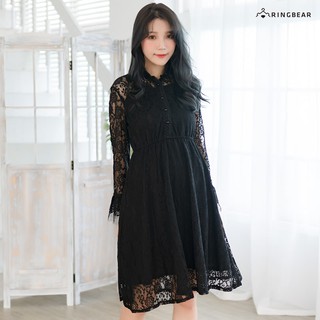 眼圈熊 中大尺碼 A390甜美優雅氣質蕾絲百褶立領珍珠荷葉長版長袖洋裝(黑.杏M-3L)