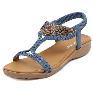 女士波西米亞坡跟鞋輕便楔型鞋夏季露趾沙灘鞋