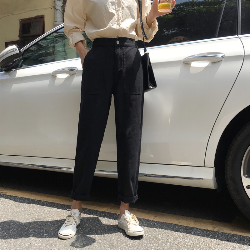 新款韓版復古寬褲大口袋鬆束腰黑色直筒牛仔長褲