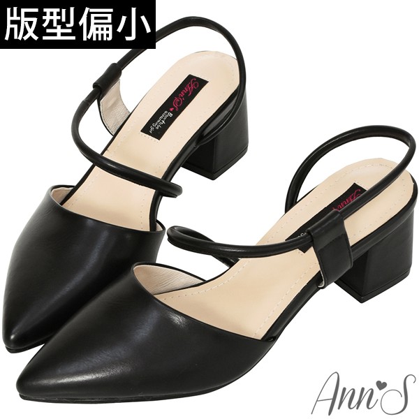 Ann’S心動美學-腳背弧線勾帶粗跟尖頭鞋-黑