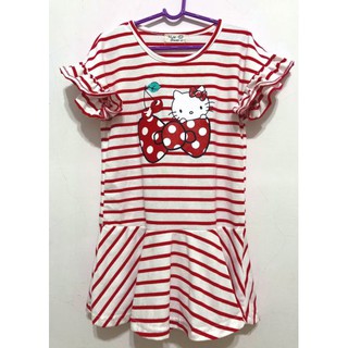 Hello Kitty 蘋果 蝴蝶結 紅白 條紋 荷葉袖 女童 短洋裝 (11號)