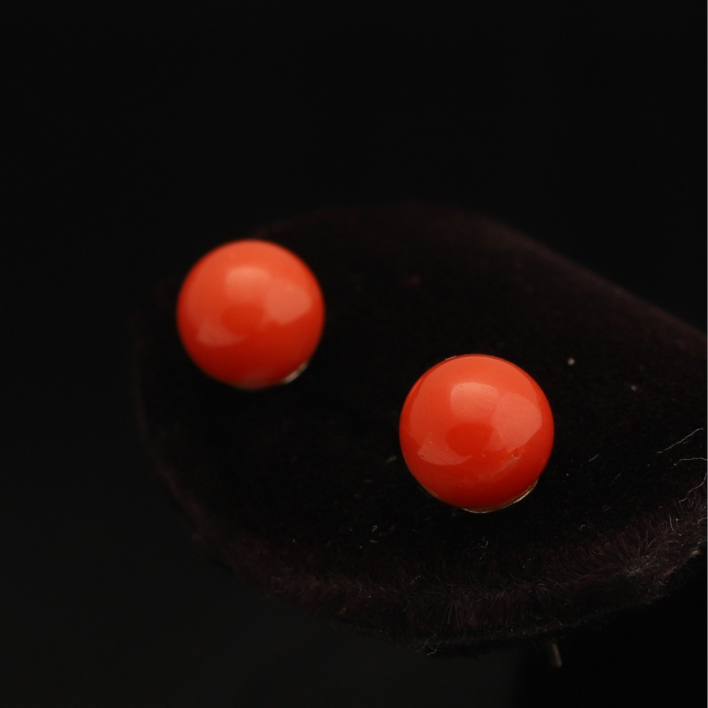 赤色珊瑚圓珠耳環 8.4mm 圓珠 K金 阿卡紅珊瑚